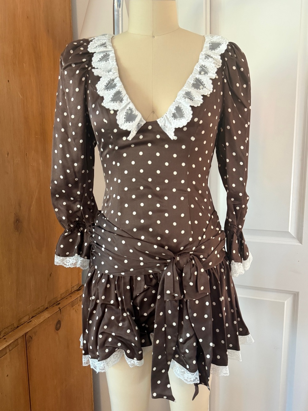 For Love And Lemons Brown Polka Dot Lace-Trim Mini Dress